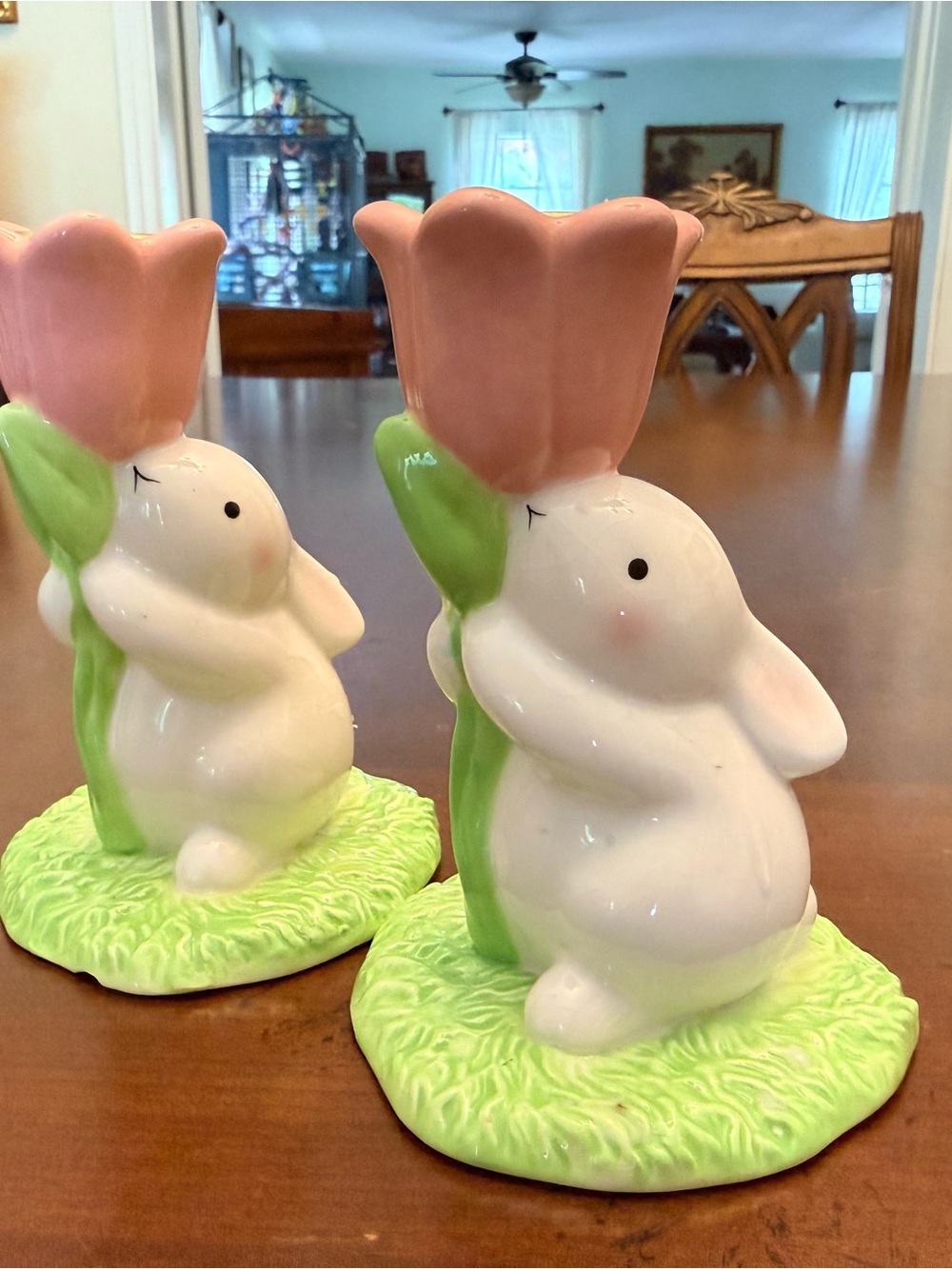 Set of 2 Hallmark Ceramic Bunny Tulip Candle Holders Easter Spring Decor